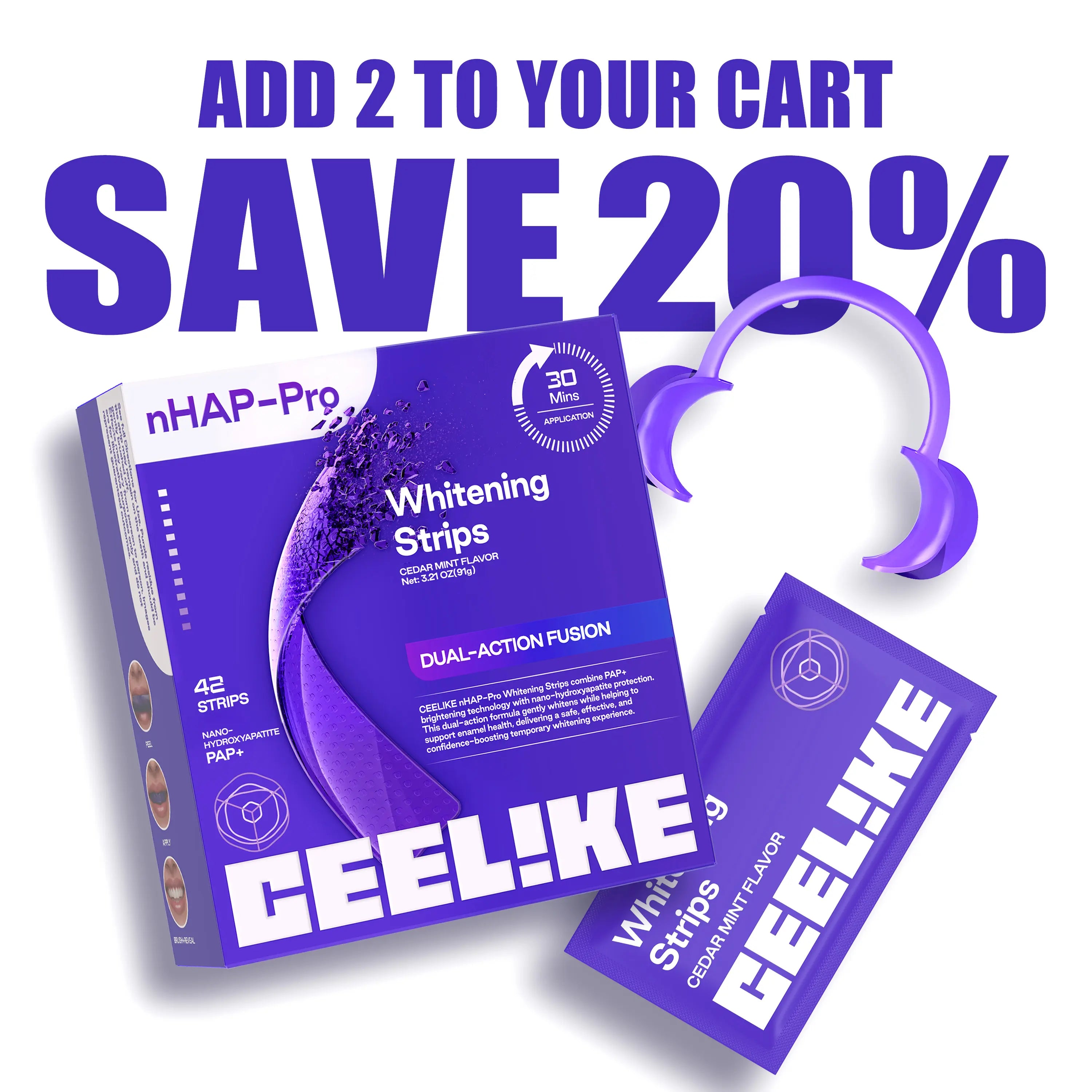 【CEELIKE】 Purple Teeth Whitening Strips with Free Cheek Retractor - 7/21 Whitening Sessions -Nano-Hydroxyapatite Safe for Enamel - Non Sensitive Teeth Whitening - Peroxide-Free
