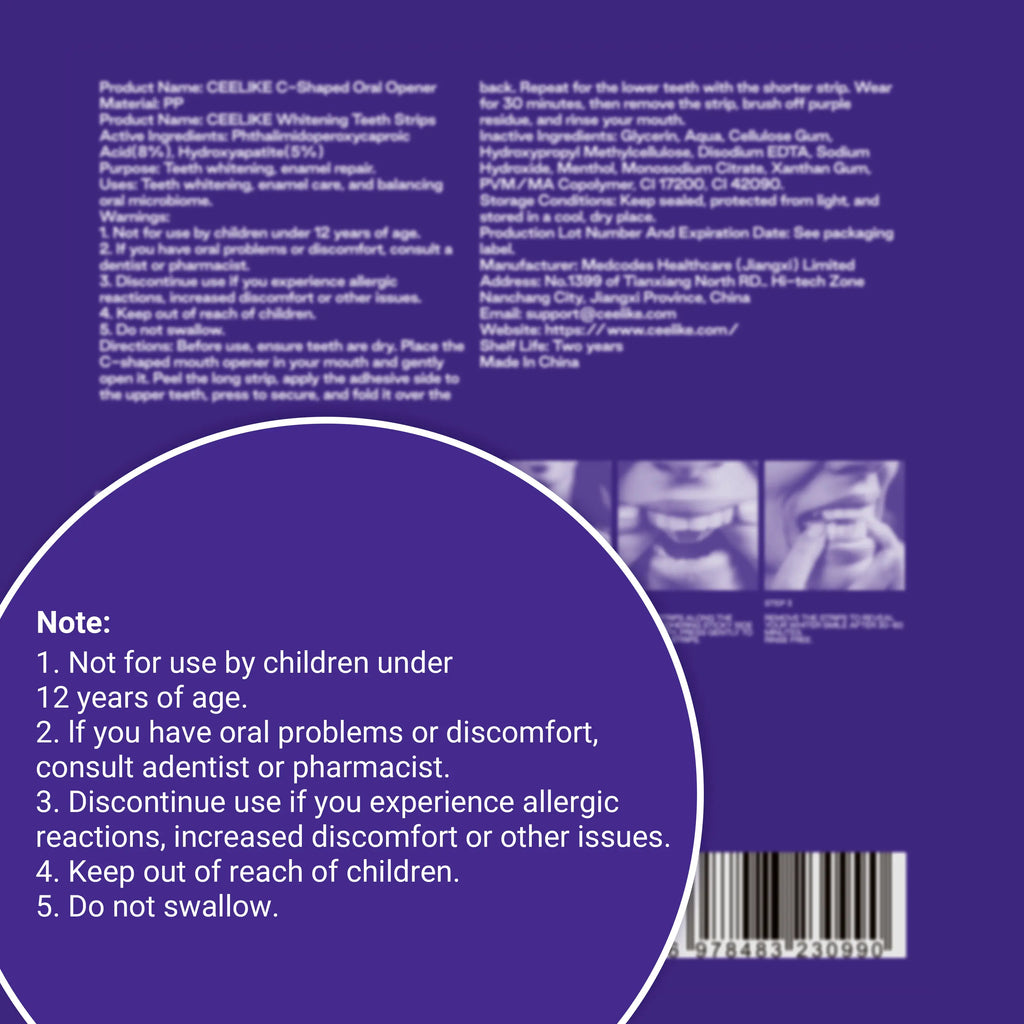 【CEELIKE】 Purple Teeth Whitening Strips with Free Cheek Retractor - 7/21 Whitening Sessions -Nano-Hydroxyapatite Safe for Enamel - Non Sensitive Teeth Whitening - Peroxide-Free